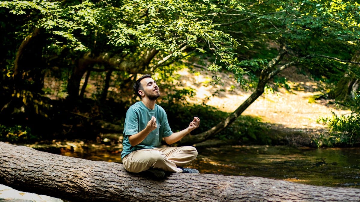 A man sits cross-legged on a tree log in a lush forest, practicing meditation and relaxation.